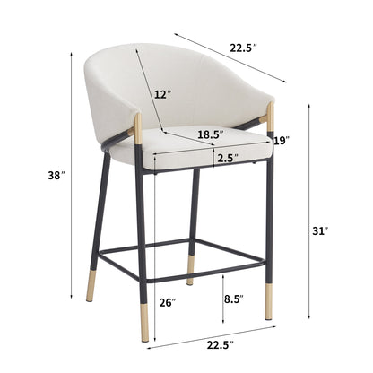 26" Seat Height, Modern Counter Stool with Curved Armrests & Gold Accents - Soft Beige Fabric, Black Metal Frame, Set of 2