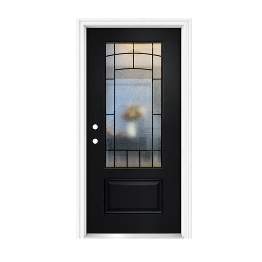 36 x 80 Brush FRP Door,3/4 View Tempered Cloud-Pattern Glass - Classic Style for Home's Front Entrance, Right Hand Inswing, Black Fiber Reinforced Panel Door