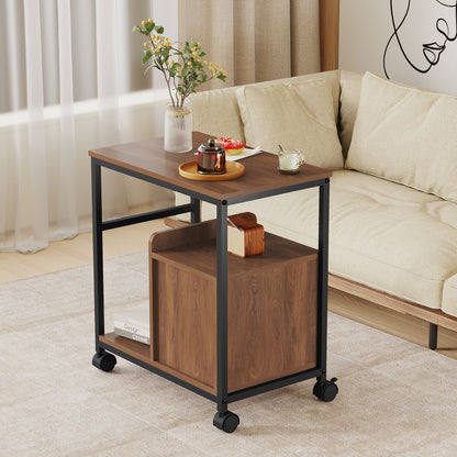 End Table with Wheels & Storage Drawers, Side Table,  Nightstand, Stable Metal Frame, Wood Top, for Bedroom Kitchen Living Room and Office, 14.9"D x 23.6"W x 25.7"H