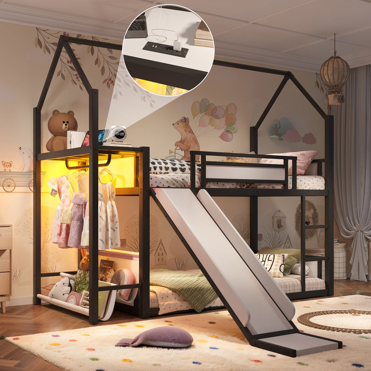 Twin Over Twin Metal Bunk Bed with Slide, LED Clothing Hanging Area, Fabric Storage Shelf & Power Outlet, Childlike Playhouse bunk bed Frame with low-profile design for Kids Girls,boys, Black
