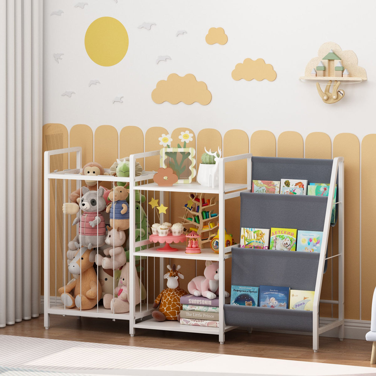 Kids Bookshelf and Toy Storage, 3-in-1 Book Shelf for Kids Rooms, Sling Baby Bookcase with Stuffed Animal Storage, Toddler Montessori Bookshelf for Nursery, Playroom, Kindergarten, Gray