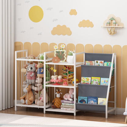 Kids Bookshelf and Toy Storage, 3-in-1 Book Shelf for Kids Rooms, Sling Baby Bookcase with Stuffed Animal Storage, Toddler Montessori Bookshelf for Nursery, Playroom, Kindergarten, Gray