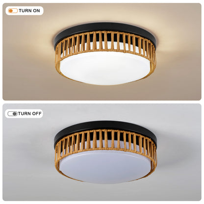 11.81" LED Flush Mount Ceiling Light, 14W 5CCT Selectable, Black & Wood Grain Metal Frame, Acrylic Shade