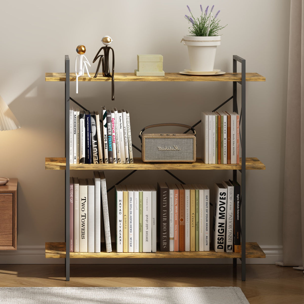3-Tier Bookshelf, Horizontal Bookcase with Open Storage Shelves, Rustic Industrial Plant Stand, Wood & Metal Shelf for Living Room, Bedroom & Home Office (Rustic Brown)