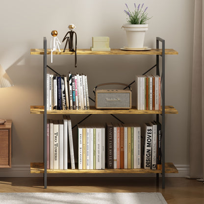 3-Tier Bookshelf, Horizontal Bookcase with Open Storage Shelves, Rustic Industrial Plant Stand, Wood & Metal Shelf for Living Room, Bedroom & Home Office (Rustic Brown)