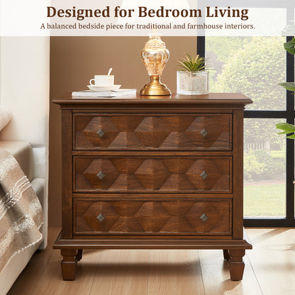 Farmhouse Nightstand with Charging Station, 3-Drawer Engineered Wood Storage Cabinet, Bedside Table for Bedroom