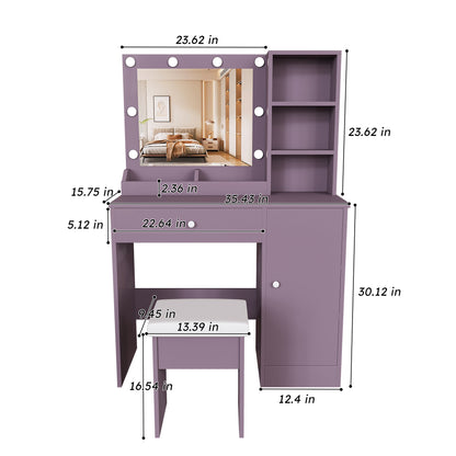 Modern Purple Vanity Desk Set with Padded Stool and Adjustable LED Mirror, 3 Color Light Modes, MDF Construction