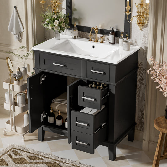 Modern 30" Bathroom Vanity with Ceramic Sink, Black Storage Cabinet, Soft-Close Doors, Deep & Standard Drawers