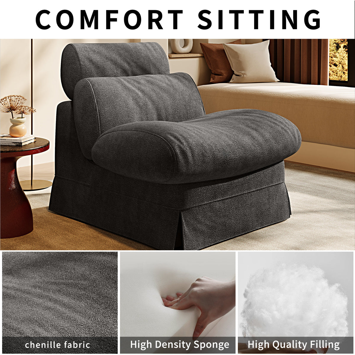Minimalist Accent Chair with Solid Wood Frame, Soft Medium-Firm Chenille Upholstery, Ideal for Living Room, Bedroom, Balcony & Office Reading Nook