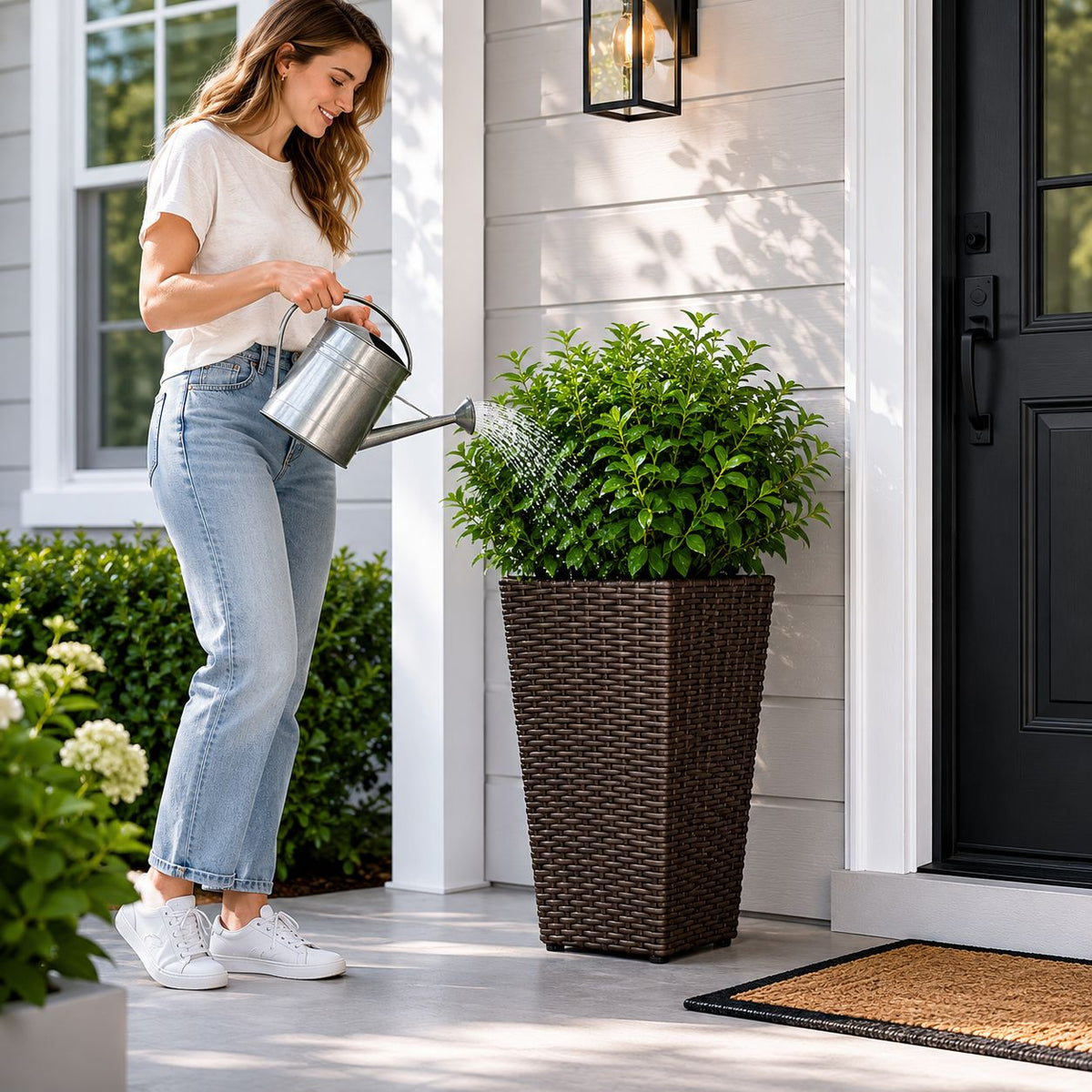 SOLHOME 19.7" Tall Poly Rattan Planter, Brown Tapered Plant Pot with Steel Frame – Indoor Outdoor Decorative Planter with PP Insert, Set of 2 Planters