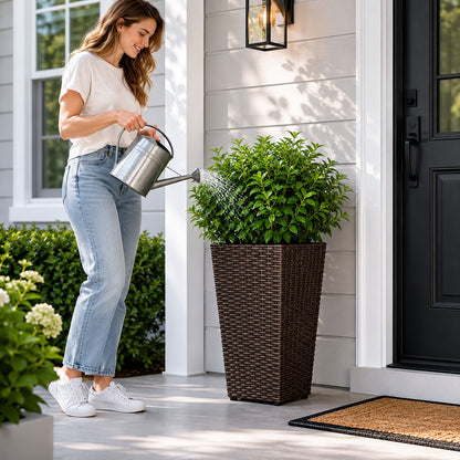 SOLHOME 19.7" Tall Poly Rattan Planter, Brown Tapered Plant Pot with Steel Frame – Indoor Outdoor Decorative Planter with PP Insert, Set of 2 Planters