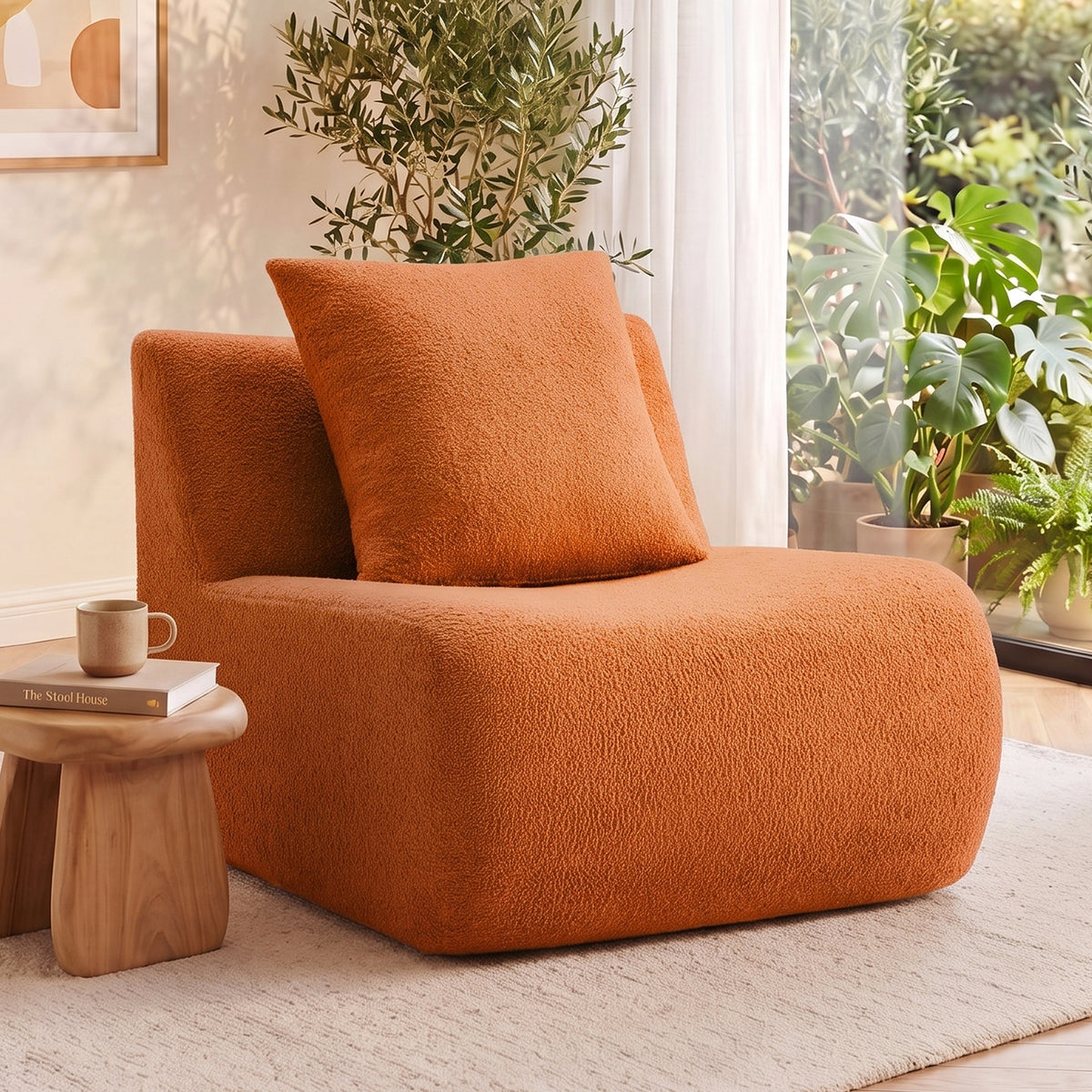 Armless Sofa W/Pillow Teddy Fabric-Orange