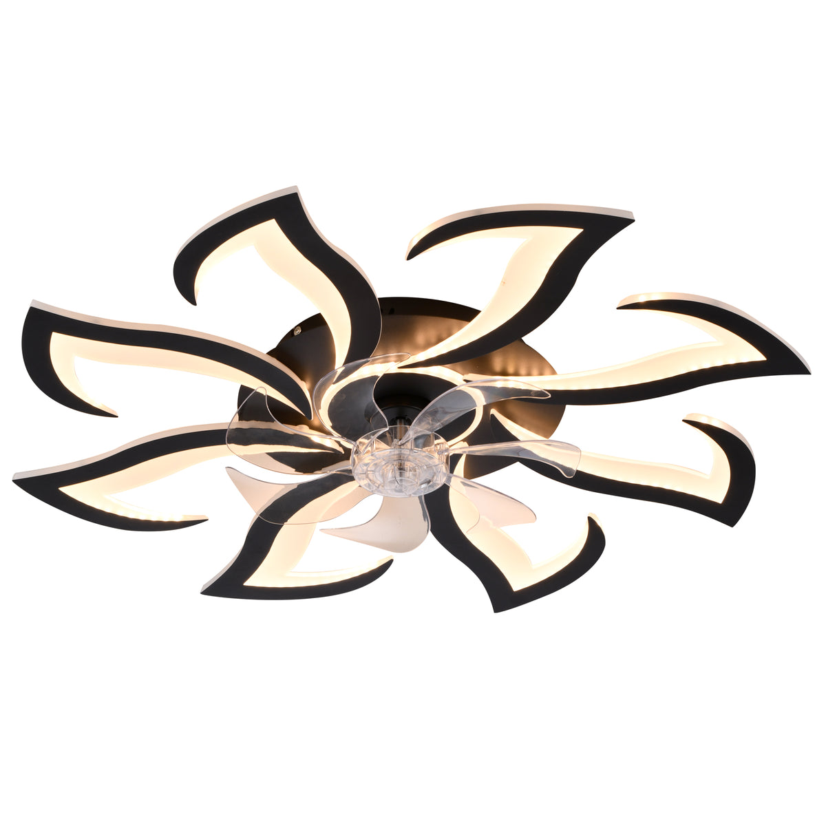 Black Flower Modern Ceiling Fan with LED Dimmable Light, 32inch Flush Mount Ceiling Fan with Remote Control for Bedroom, High-Efficiency DC Motor, 6-Speeds, Timing Function