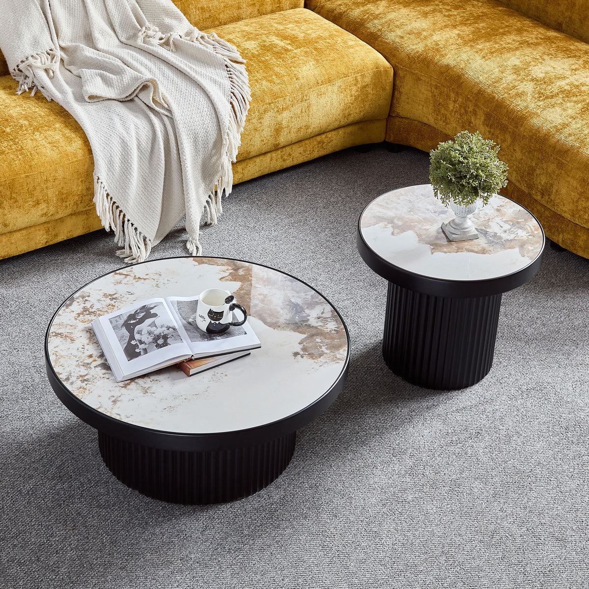 Set of 2 Coffee Table,MDF Round Coffee Table Sintered Stone Tabletop for Living Room Apartment,Leisure Area BLACK