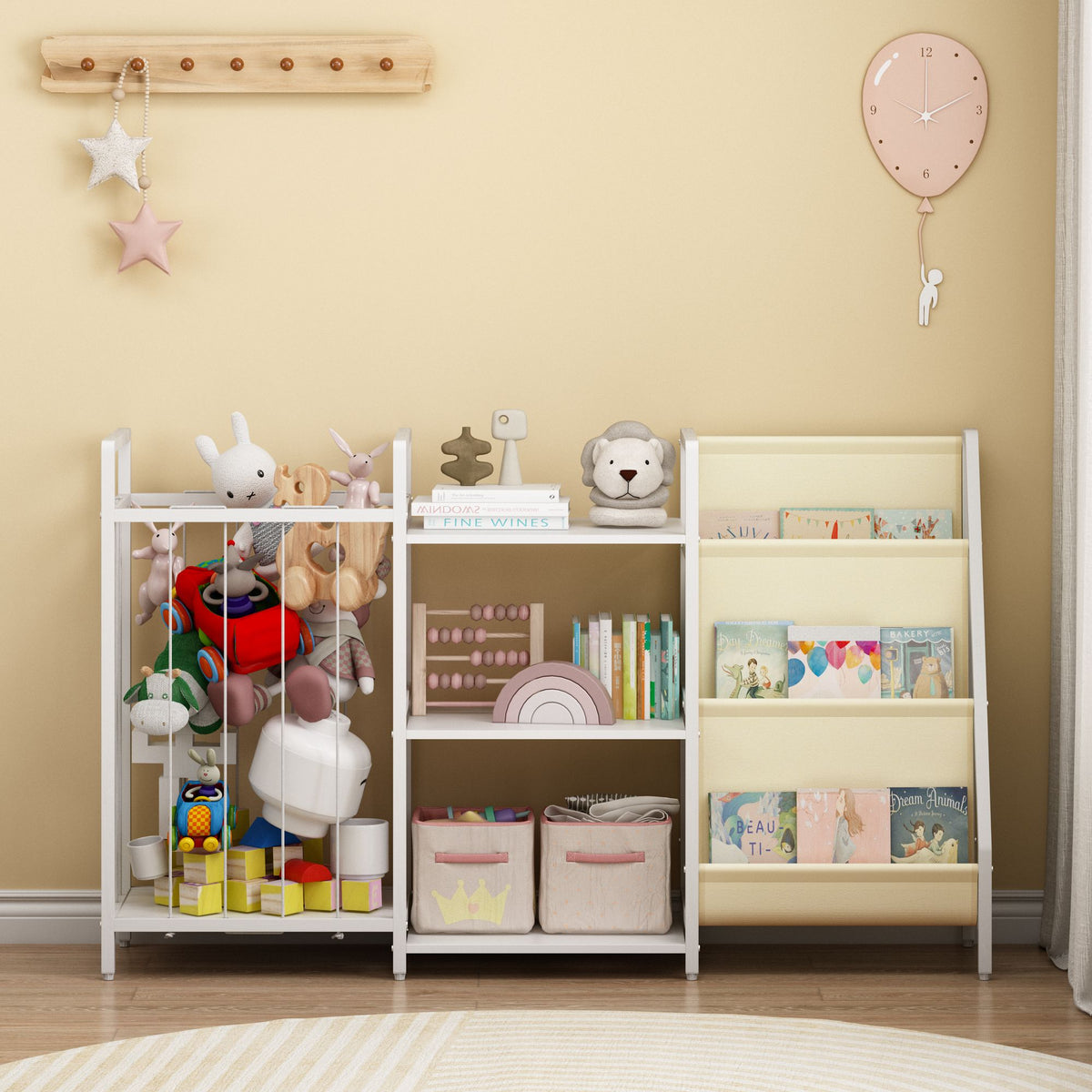Kids Bookshelf and Toy Storage, 3-in-1 Book Shelf for Kids Rooms, Sling Baby Bookcase with Stuffed Animal Storage, Toddler Montessori Bookshelf for Nursery, Playroom, Kindergarten, White