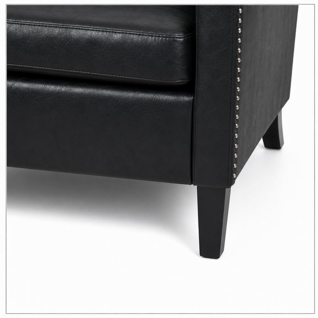 Black Faux PU Leather Accent Chair, Mid-Century Tufted Armchair with Nailhead Trim, Equipped with High Resilience Sponge Cushion & Solid Wood Legs, Comfortable Single Sofa for Living Room, Bedroom