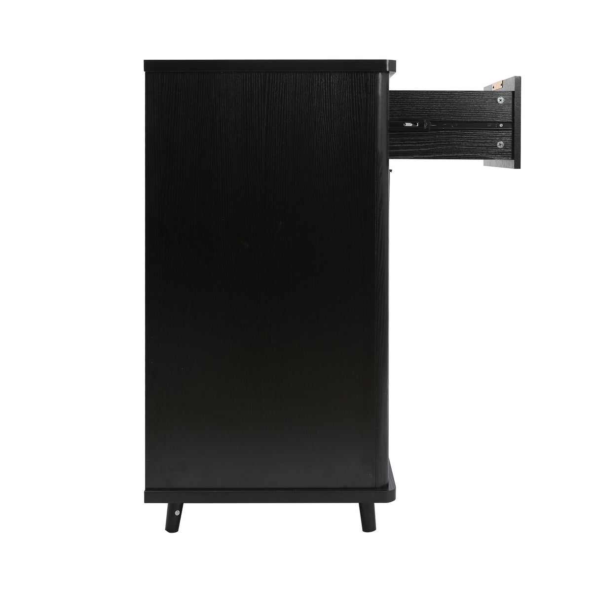Fluted Coffee Bar Cabinet with Mini Fridge Space & Charging Station, Home Bar Cabinet with Hidden Trash Can Storage & Drawer for Kitchen, Dining Room or Living Room,Black