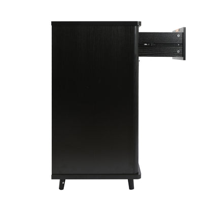 Fluted Coffee Bar Cabinet with Mini Fridge Space & Charging Station, Home Bar Cabinet with Hidden Trash Can Storage & Drawer for Kitchen, Dining Room or Living Room,Black