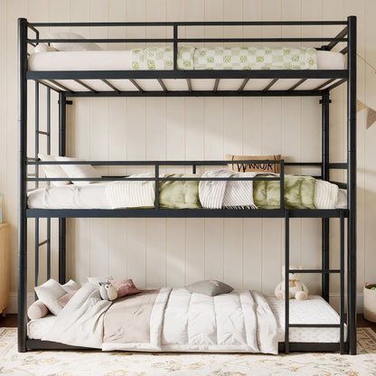 Metal Triple Bunk Bed Twin over Twin over Twin, Convertible 3-in-1 Detachable Bed Frame with Anti-Tip Bracket, Guardrails, Slats Support, Noise Free, No Box Spring, Black