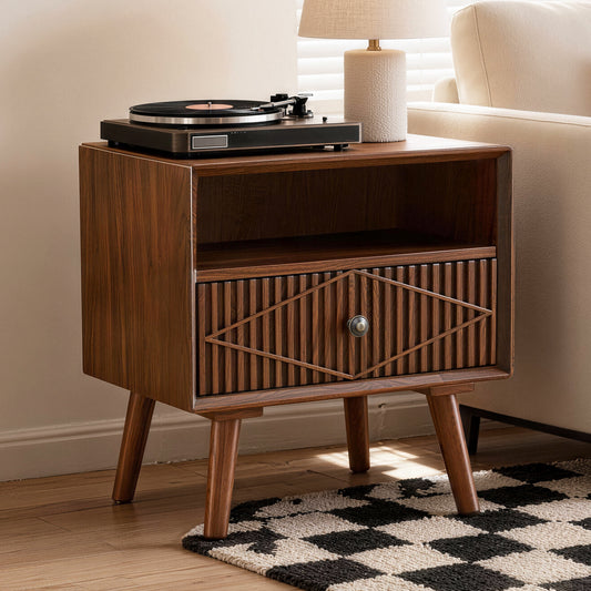 22" Mid-Century Modern Wood Nightstand with Carved Geometric Drawer Front, 1 Drawer and Open Shelf, Solid Wood Legs, Bedside Table for Bedroom