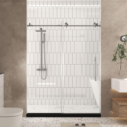 Frameless shower door 56-60 "W x 76" H, 1/4 "(6 mm) Clear Tempered Glass, Explosion Proof Film, Stainless Steel Handle,Brushed Nickel
