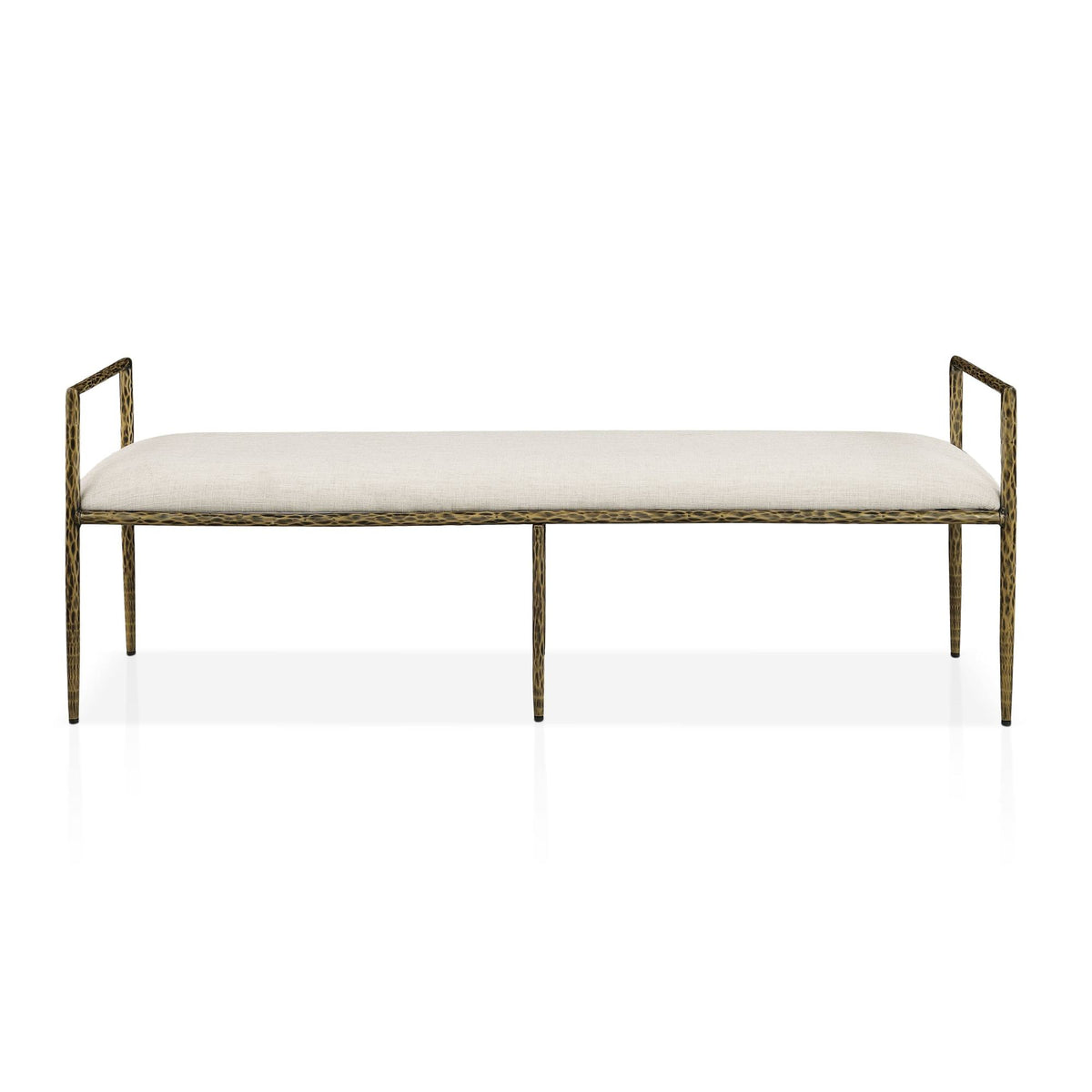 Contemporary Style 1pc Bench Matte Gold Hammered Look Forged Steel Fabric Cushion Seat Bedroom