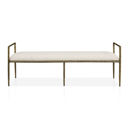 Contemporary Style 1pc Bench Matte Gold Hammered Look Forged Steel Fabric Cushion Seat Bedroom