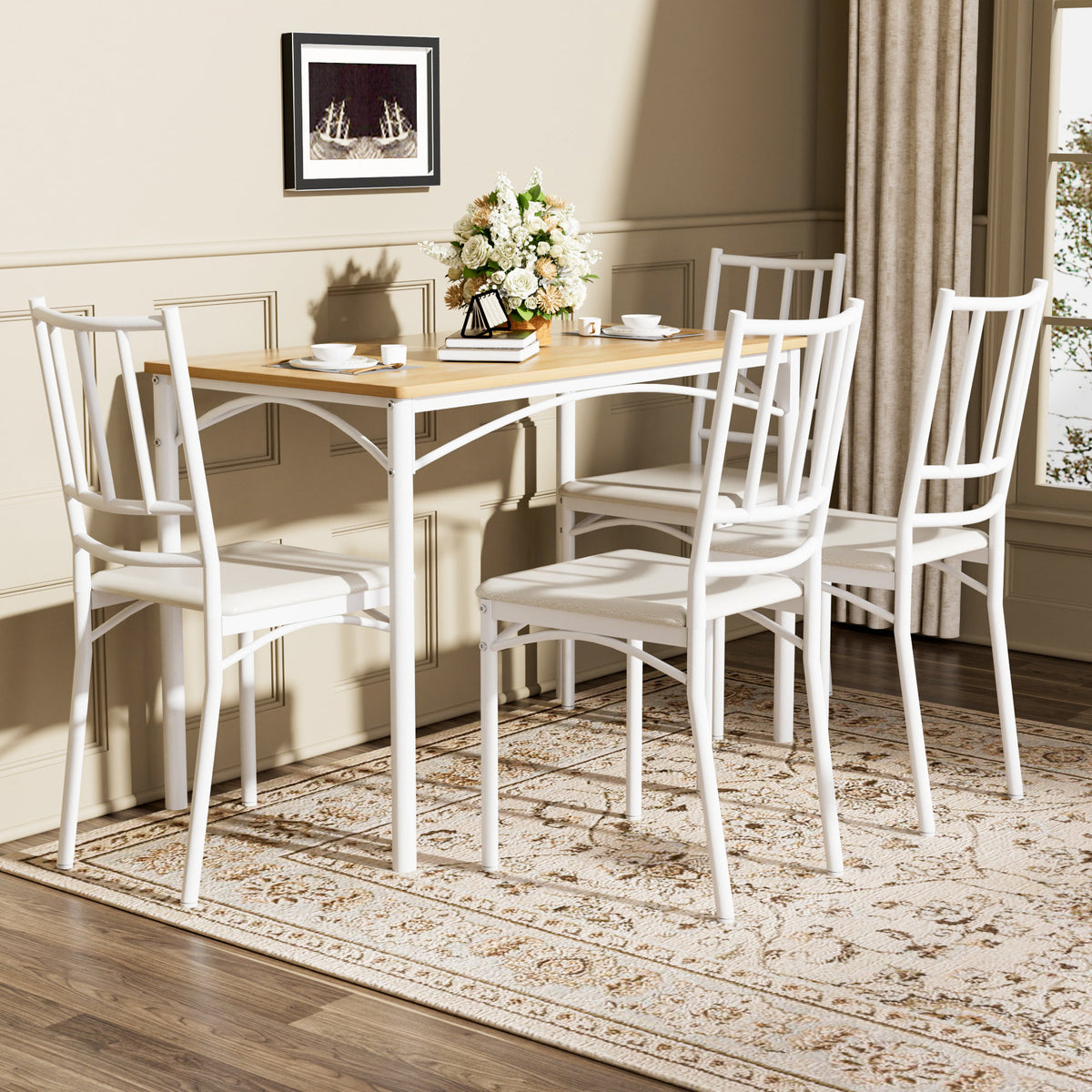 Dining Table Set, Bar Table with 4 Dining Benches, Kitchen Table Counter with Chairs, Industrial for Kitchen Breakfast Table, Party Room – Natural