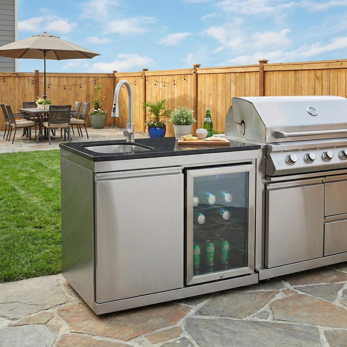Sink and Fridge Combo for Outdoor Kitchen, 70L Refrigerator and Sink with Pull-Down Faucet, Brushed SS and Black Granite Countertops, All-in-One BBQ Island Cleaning Station (Silver)