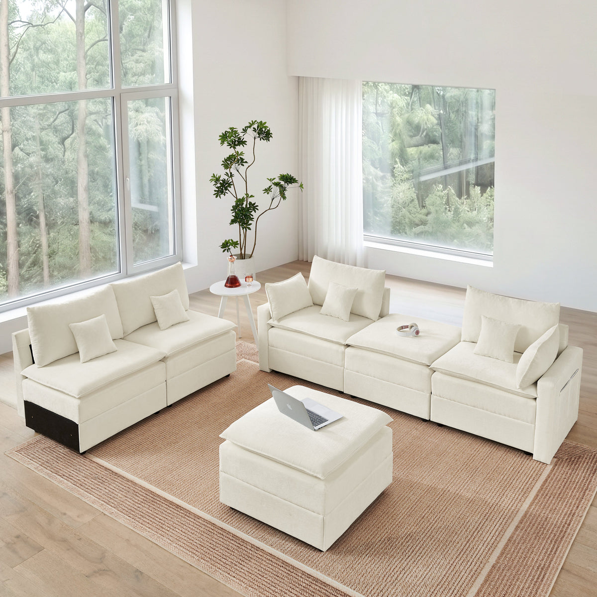 132" Cloud Modular Sectional Sofa, Deep Seat U Shaped Couch with Ottoman, Chenille Upholstered Sofa with Chaise, Plush Cushions, 6 Seat Modern Comfy Couch for Living Room & Apartment, Beige