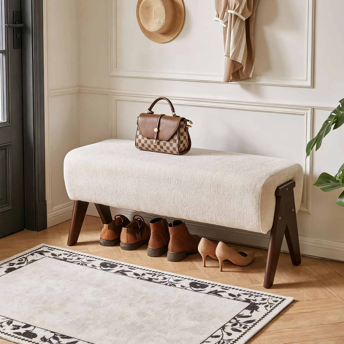 Modern Decorative Chenille Fabric Bench, Ergonomic Padded Entry Bench with Solid Wood Legs, Upholstered Ottoman Bench for Foyer Bedroom Living Space