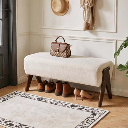 Modern Decorative Chenille Fabric Bench, Ergonomic Padded Entry Bench with Solid Wood Legs, Upholstered Ottoman Bench for Foyer Bedroom Living Space