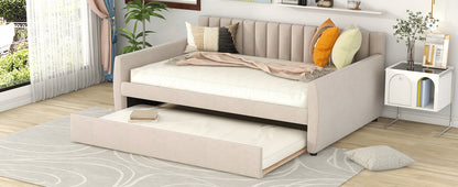Full Size Upholstered daybed with Trundle and Wood Slat Support, Beige(Old SKU:LP000121AAA)