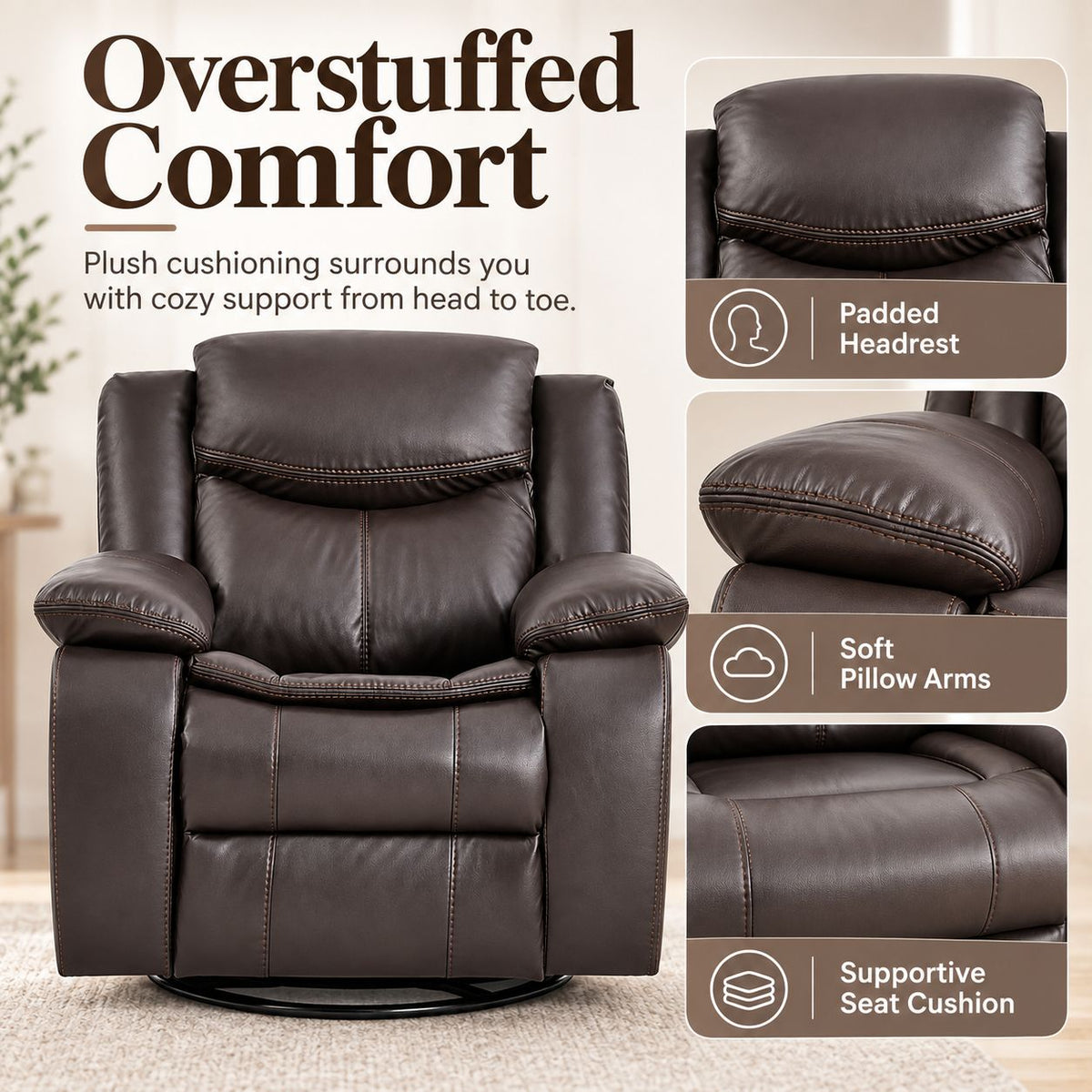 Faux Leather Swivel Recliner Chair, Manual Reclining Armchair with 360° Swivel Base, Padded Backrest & Armrests