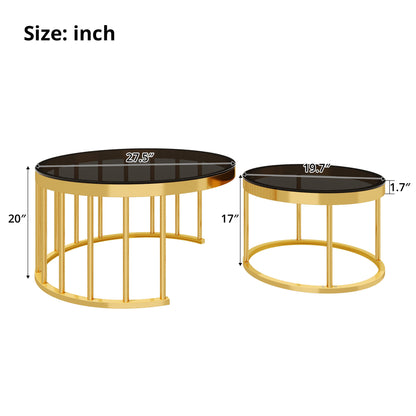 Round Nesting Coffee Table Set of 2, Modern Gold Metal Frame Circular Cocktail Table, Tempered Glass Top Accent Nesting Tables for Living Room, Apartment