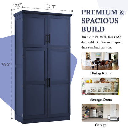 [Assembly Video Provided] TOPMAX 35.5x17.6x70.9inch Freestanding Kitchen Pantry Cabinet, Tall Storage Cabinet with 4 Doors, 2 Door Shelves – Blue