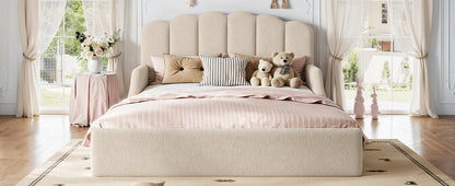 Queen Teddy Fabric Upholstered Floor bed, Stylish Upholstered Kids bed, Low Profile Children Bed Frame, Soft Plush Upholstered Floor bed for Kids &Teens.Beige