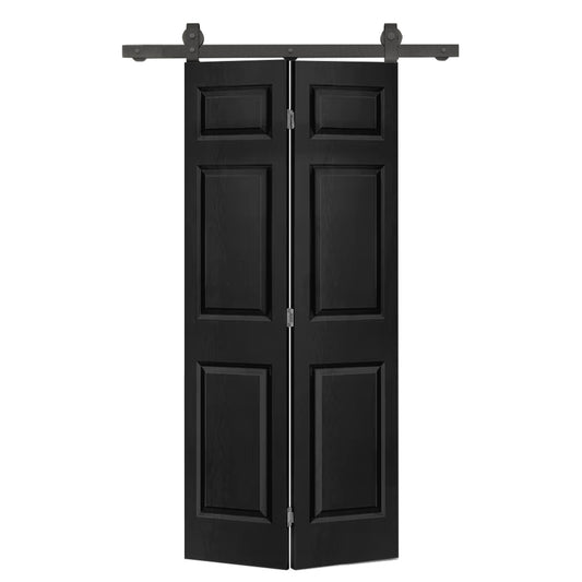24 in. x 80 in. 6-Panel Black Painted MDF Composite Bi-Fold Barn Door with Sliding Hardware Kit