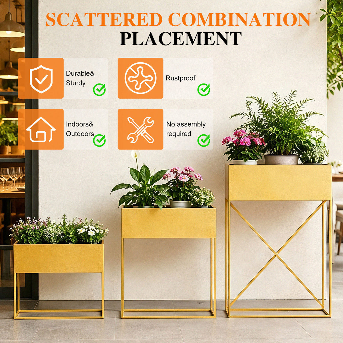3‑Pack Pre‑Assembled Gold Metal Elevated Planter Stand with Non‑Woven Liner, UV‑Resistant Rectangular Raised Herb Flower Planter Box for Patio Balcony Indoor Outdoor