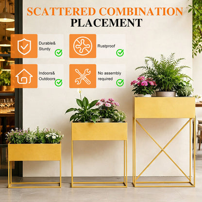 3‑Pack Pre‑Assembled Gold Metal Elevated Planter Stand with Non‑Woven Liner, UV‑Resistant Rectangular Raised Herb Flower Planter Box for Patio Balcony Indoor Outdoor