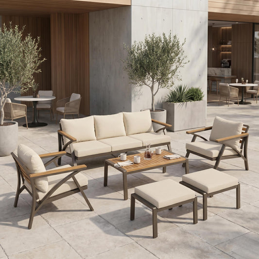 6-Piece Outdoor Patio Furniture Set, Steel Frame Sofa Set with 3-Seat Couch, 2 Armchairs, 2 Ottomans & Acacia Wood Coffee Table