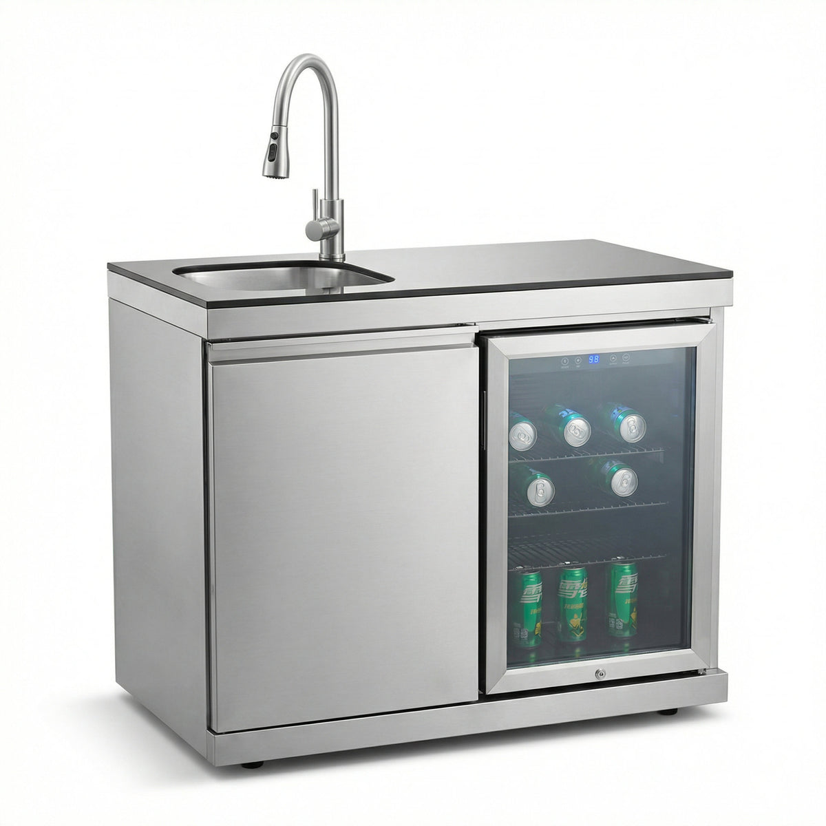 Sink and Fridge Combo for Outdoor Kitchen, 70L Refrigerator and Sink with Pull-Down Faucet, Brushed SS and Black Granite Countertops, All-in-One BBQ Island Cleaning Station (Silver)