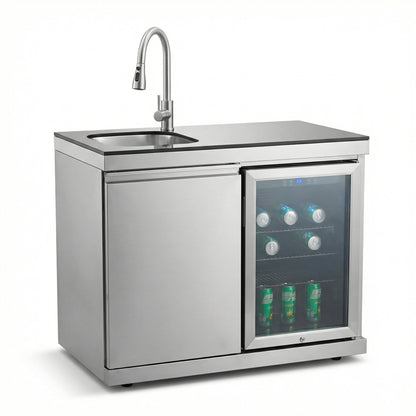 Sink and Fridge Combo for Outdoor Kitchen, 70L Refrigerator and Sink with Pull-Down Faucet, Brushed SS and Black Granite Countertops, All-in-One BBQ Island Cleaning Station (Silver)