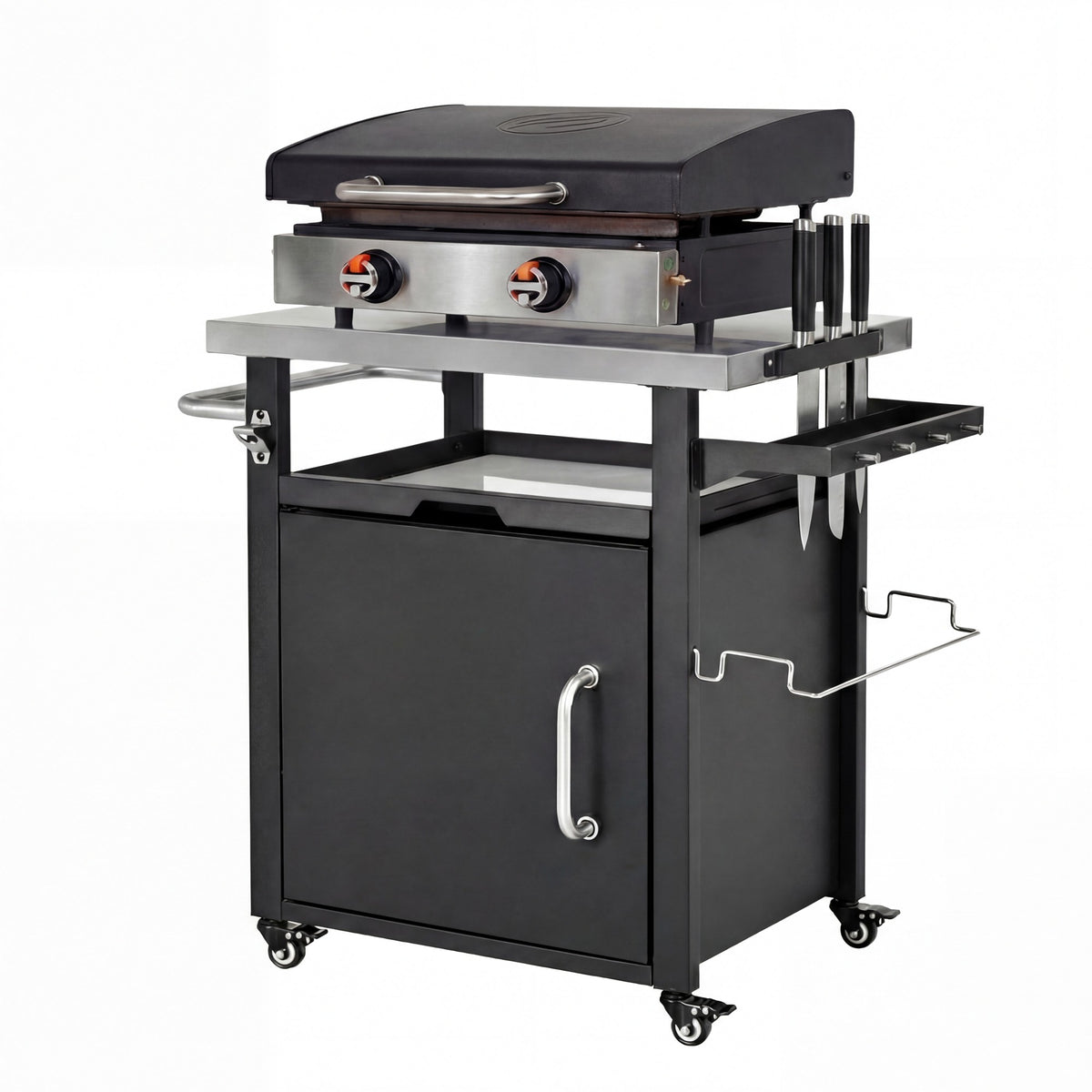 K&K 39.5" Outdoor Grill Cart with Storage Cabinet, Outdoor Bar Cart Pizza Oven Table with Wheels, Stainless Steel Top