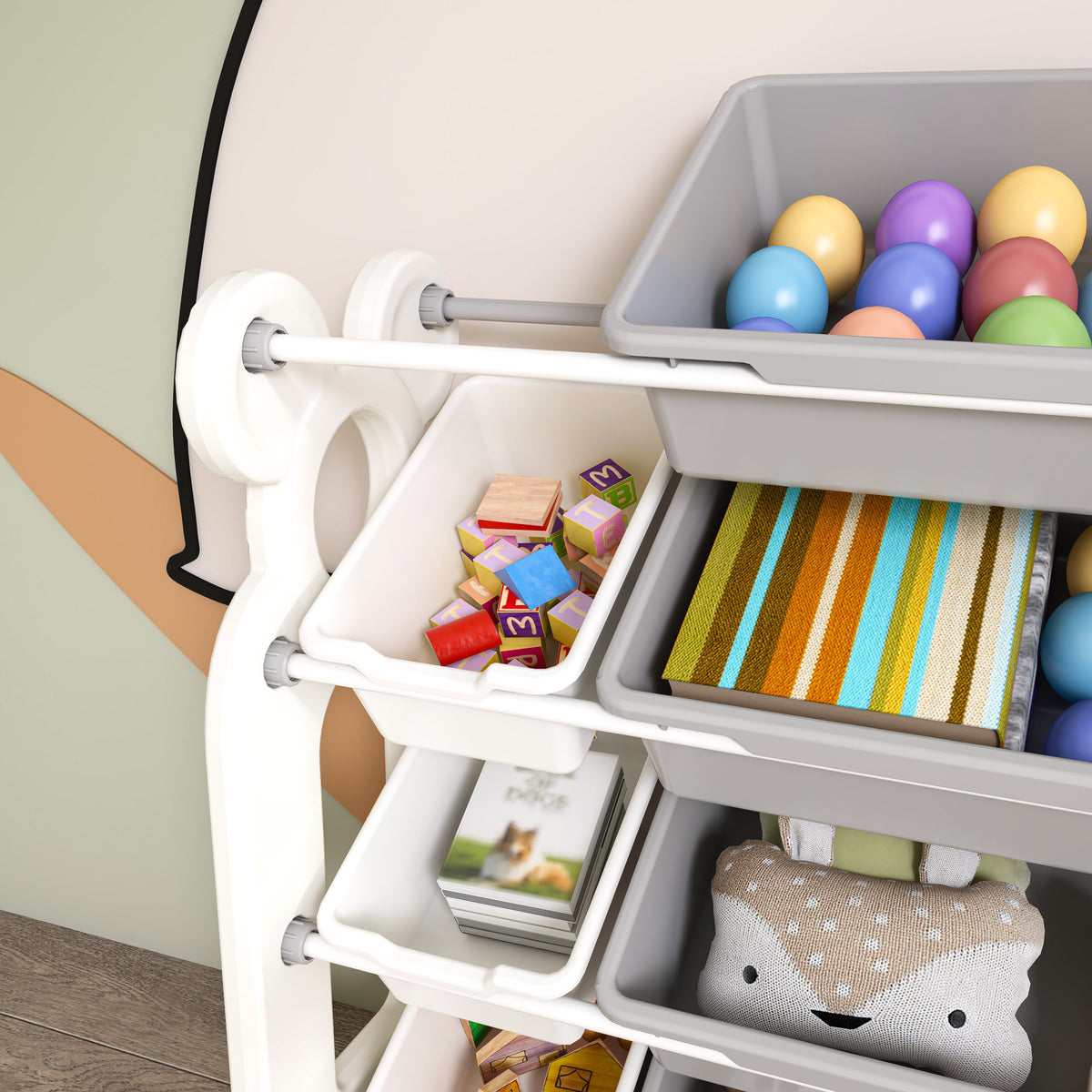 Multi-functional Kids Toy Storage Organizer Cabinet with HDPE Shelf and 12 Bins, Grey White, 33.07 x 14.17 x 33.86 inches