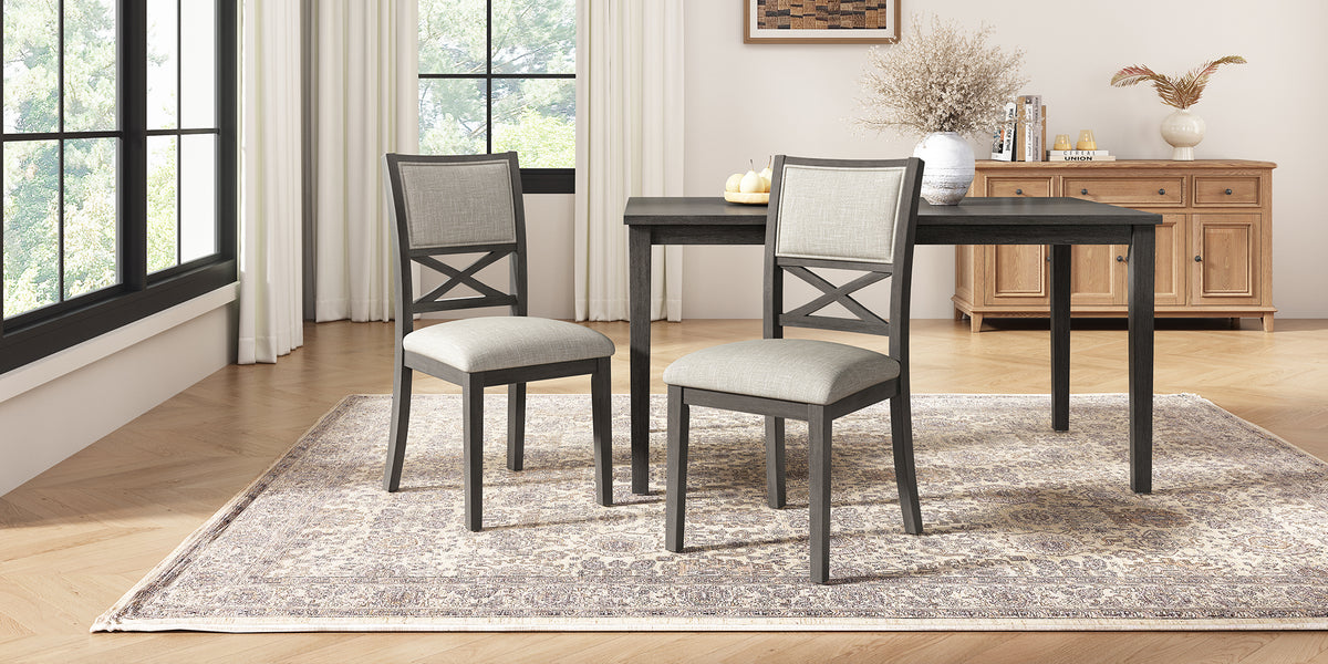 Upholstered Dining Chairs Set of 4, Farmhouse Style Chairs, 3.27" Thick Padded Foam Seat & Ergonomic High Cross Back, Sturdy Rubberwood Legs for Dining Room, Dark Gray + Beige Cushion