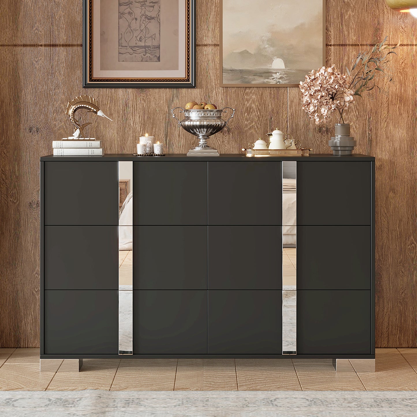Elegant Modern Dresser with Metal Foot,Mirrored Storage Cabinet with 6 Drawers for Bedroom,Living Room,Black