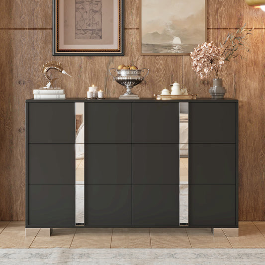 Elegant Modern Dresser with Metal Foot,Mirrored Storage Cabinet with 6 Drawers for Bedroom,Living Room,Black