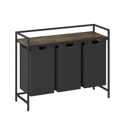 Laundry Hamper with Shelf, 3-Bin Laundry Sorter with Wood Top, Double Hamper with Removable Fabric Bags, Metal Frame, Freestanding Clothes Organizer for Bedroom, Bathroom, or Laundry Room
