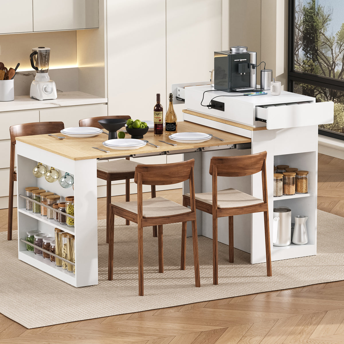 [VIDEO] TREXM Extendable Dining Table with Folding Tabletop, Bar Table with Drawers and Power Outlet, Kitchen Island with Wheels and Hooks, Sideboard for Kitchen and Dining Room (Creamy White+Natural)